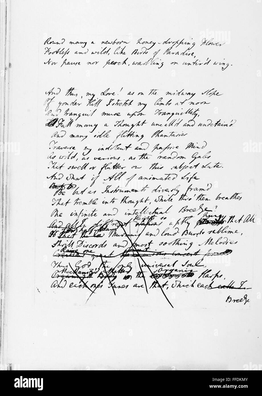SAMUEL TAYLOR COLERIDGE /n(1772-1834). English poet. A handwritten page from a draft of 'The Aeolian Harp,' 1817. Stock Photo