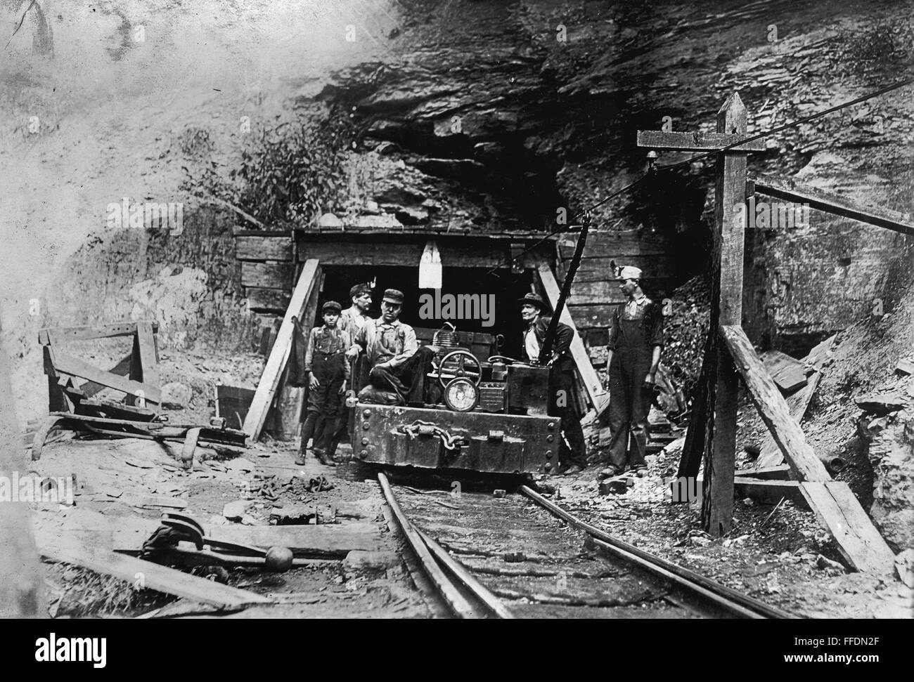 HINE COAL MINERS, 1908. /nEntrance to a West Virginia coal mine. Photograph by Lewis Hine