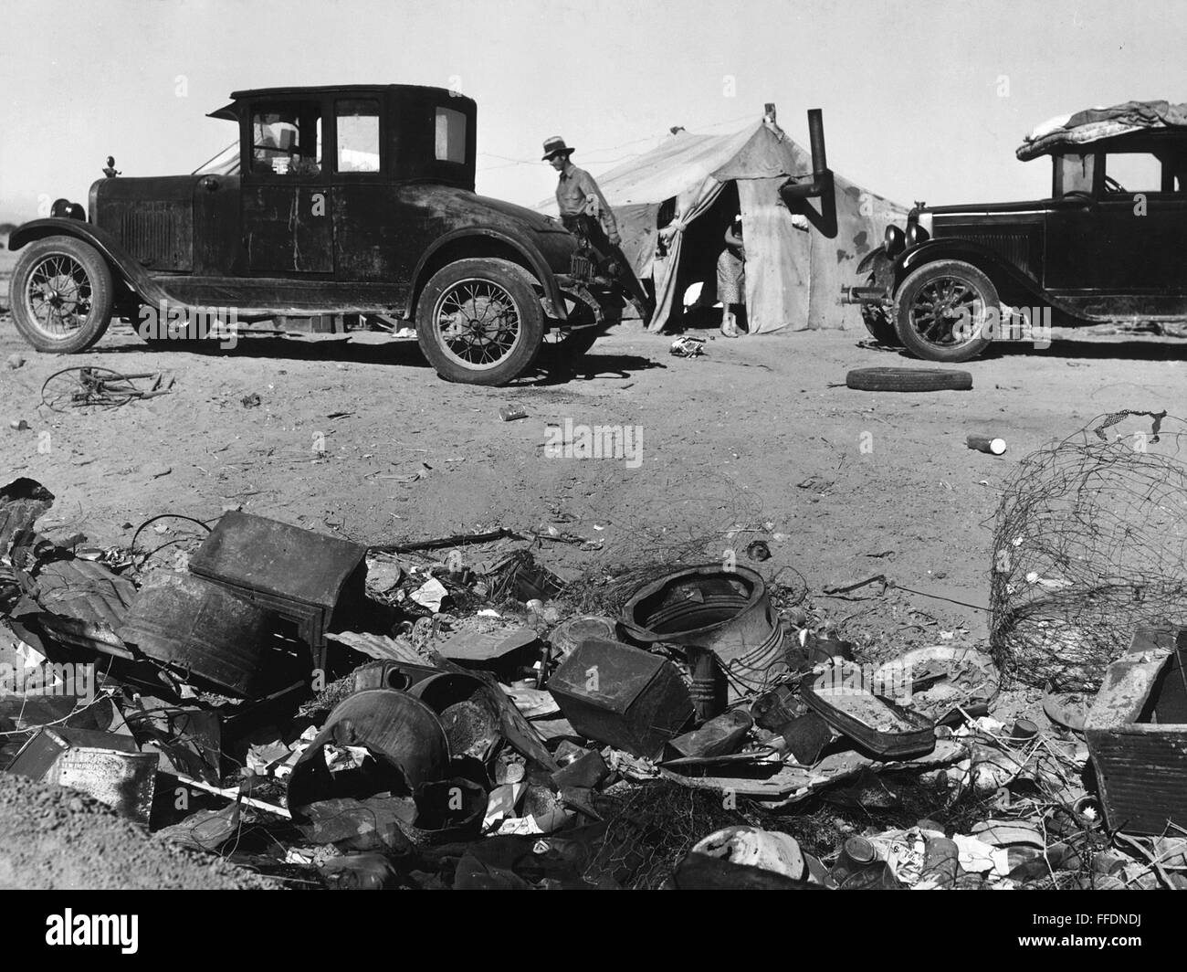 DROUGHT REFUGEES, 1937. /nFamilies of drought refugees from the dust bowl region encamped near Holtville, California. Photograph by Dorothea Lange, March 1937. Stock Photo