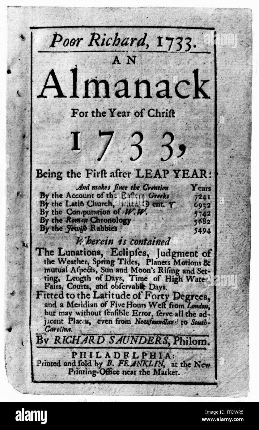 FRANKLIN: ALMANAC, 1733. /nTitle page of Benjamin Franklin's first 'Poor Richard's Almanac,' 1733. Stock Photo