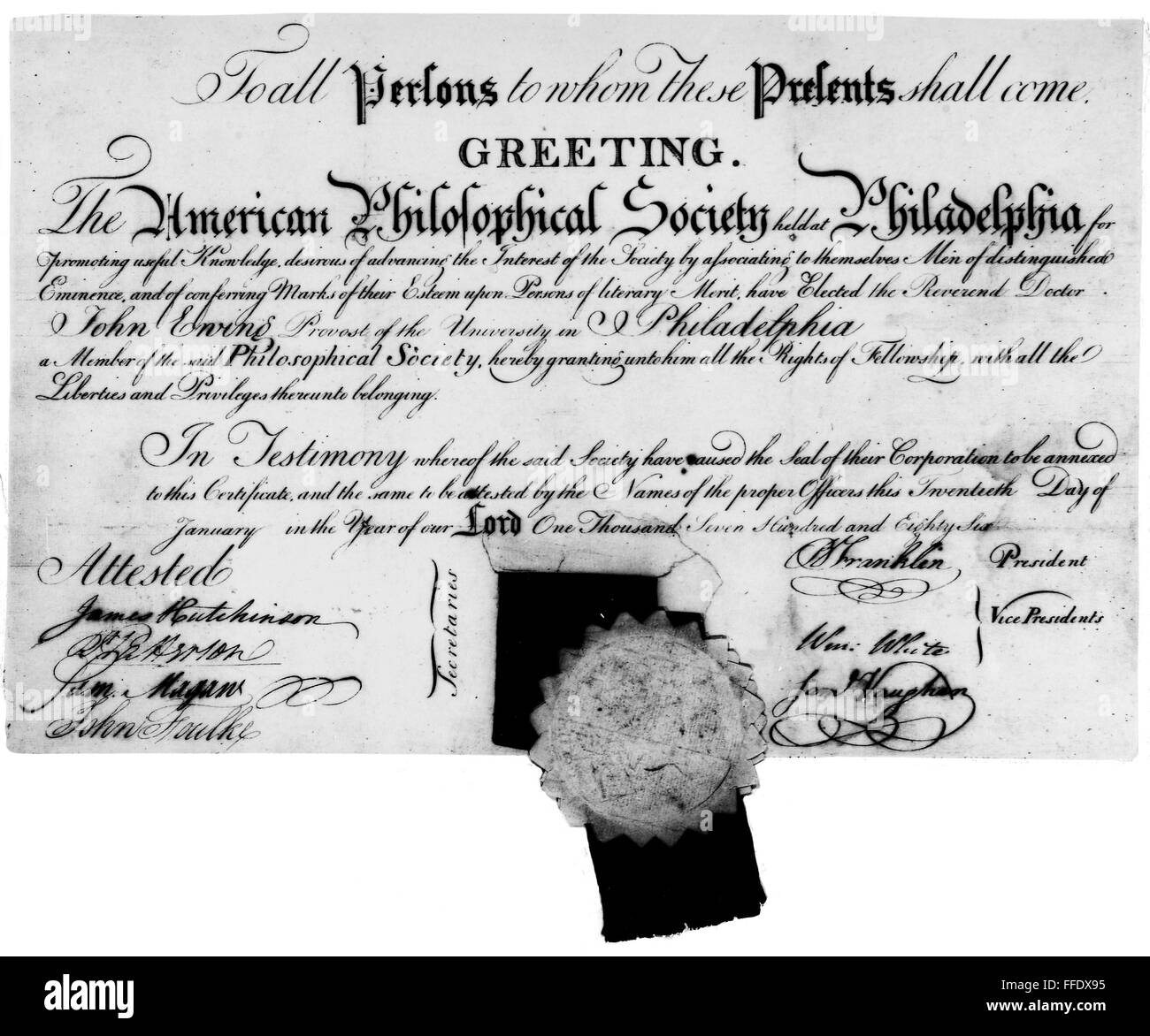 PHILOSOPHICAL SOCIETY. /nMembership certificate of the American Philosophical Society granted to John Ewing and signed by president, Benjamin Franklin, 1786. Stock Photo