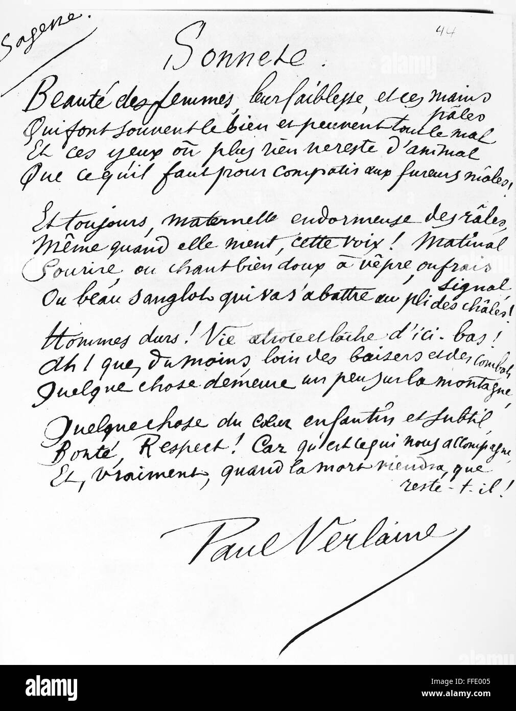 PAUL VERLAINE (18441896)./nFrench poet. Manuscript page from 'La