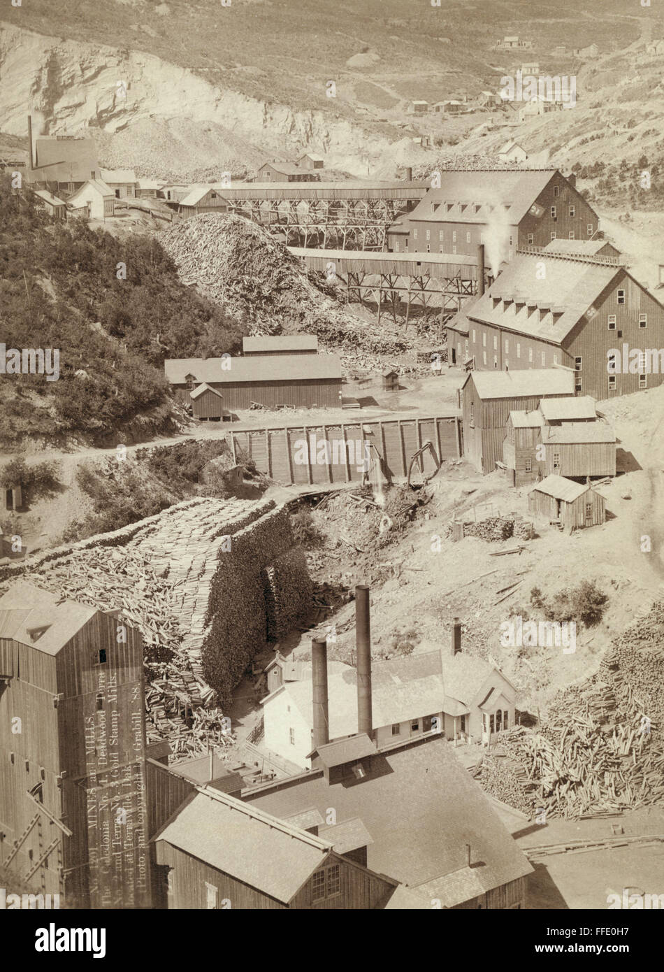 GOLD STAMP MILLS, 1888. /nCaledonia and Deadwood gold stamp mills at Terraville, South Dakota. Photograph by John Grabill, 1888. Stock Photo