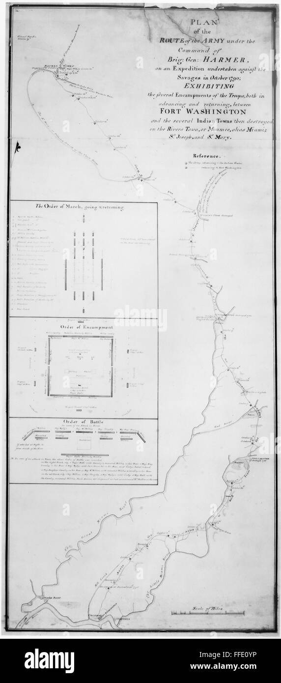 INDIAN RAID MAP, 1790. /nPlan of the route of the raids on Native American villages led by Brigadier General Josiah Harmer, October 1790. Stock Photo