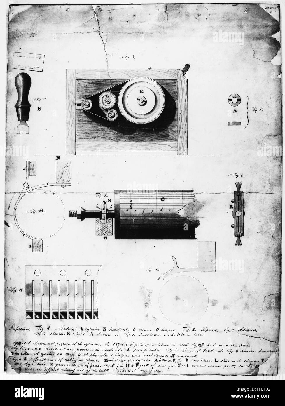 COTTON GIN 19th CENTURY /nEli Whitney s cotton gin Patent drawing