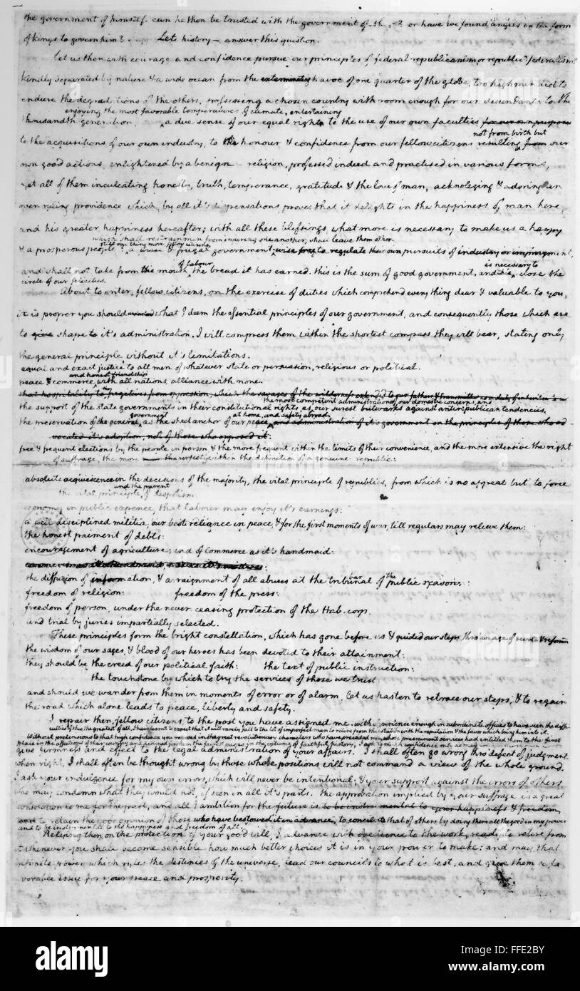 JEFFERSON: INAUGURATION. /nThomas Jefferson's handwritten draft of his inaugural address, 1801. Stock Photo