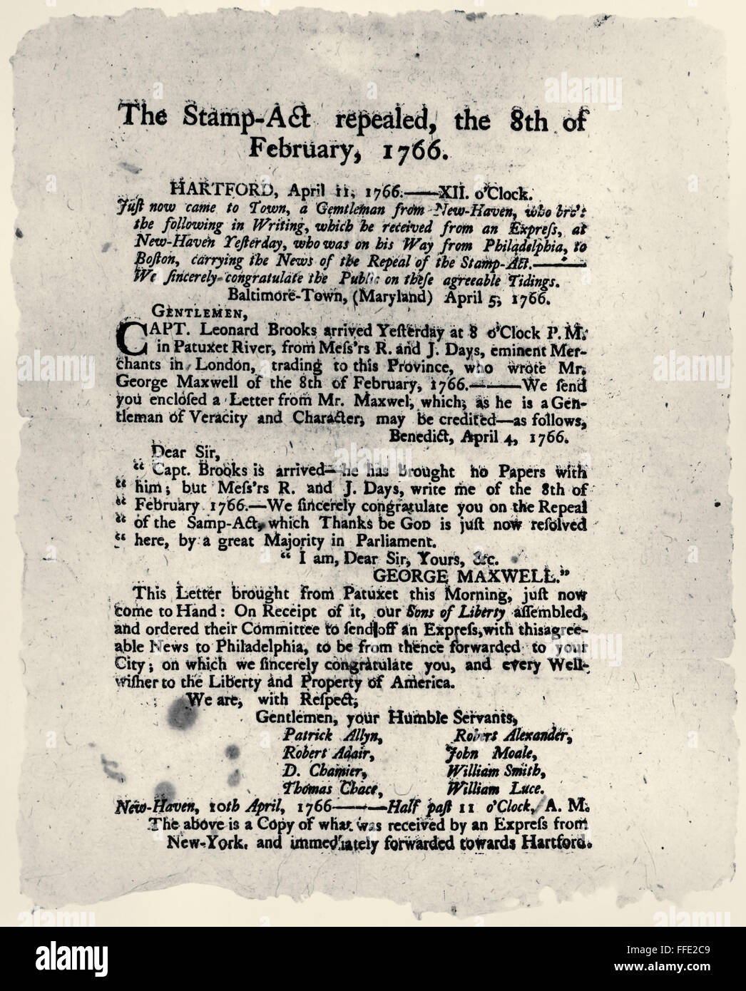 STAMP ACT BROADSIDE, 1766. /nBroadside printed in Hartford, Connecticut, announcing the repeal of the Stamp Act, 1766. Stock Photo