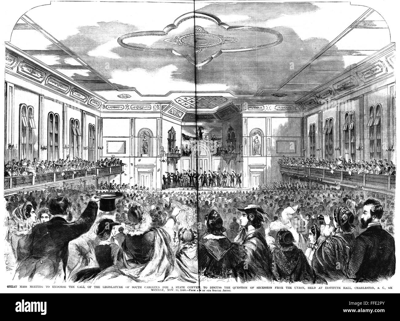 SOUTH CAROLINA: SECESSION. /nMass meeting held at Institute Hall in Charleston, South Carolina, 12 November 1860, to endorse the call of the legislature for a state convention to discuss secession from the Union. Contemporary American wood engraving. Stock Photo