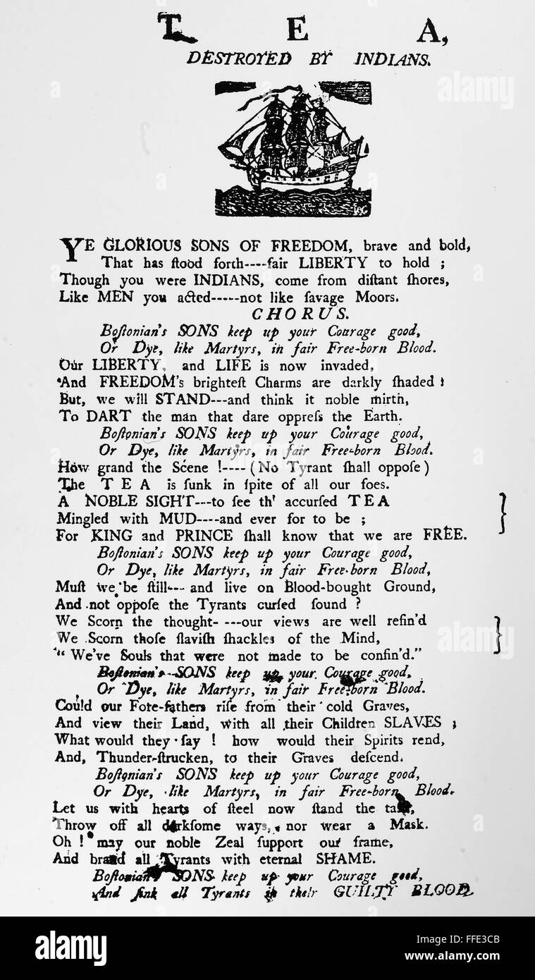 BOSTON TEA PARTY, 1773. /nAmerican broadside with verses about the Boston Tea Party, c1773. Stock Photo