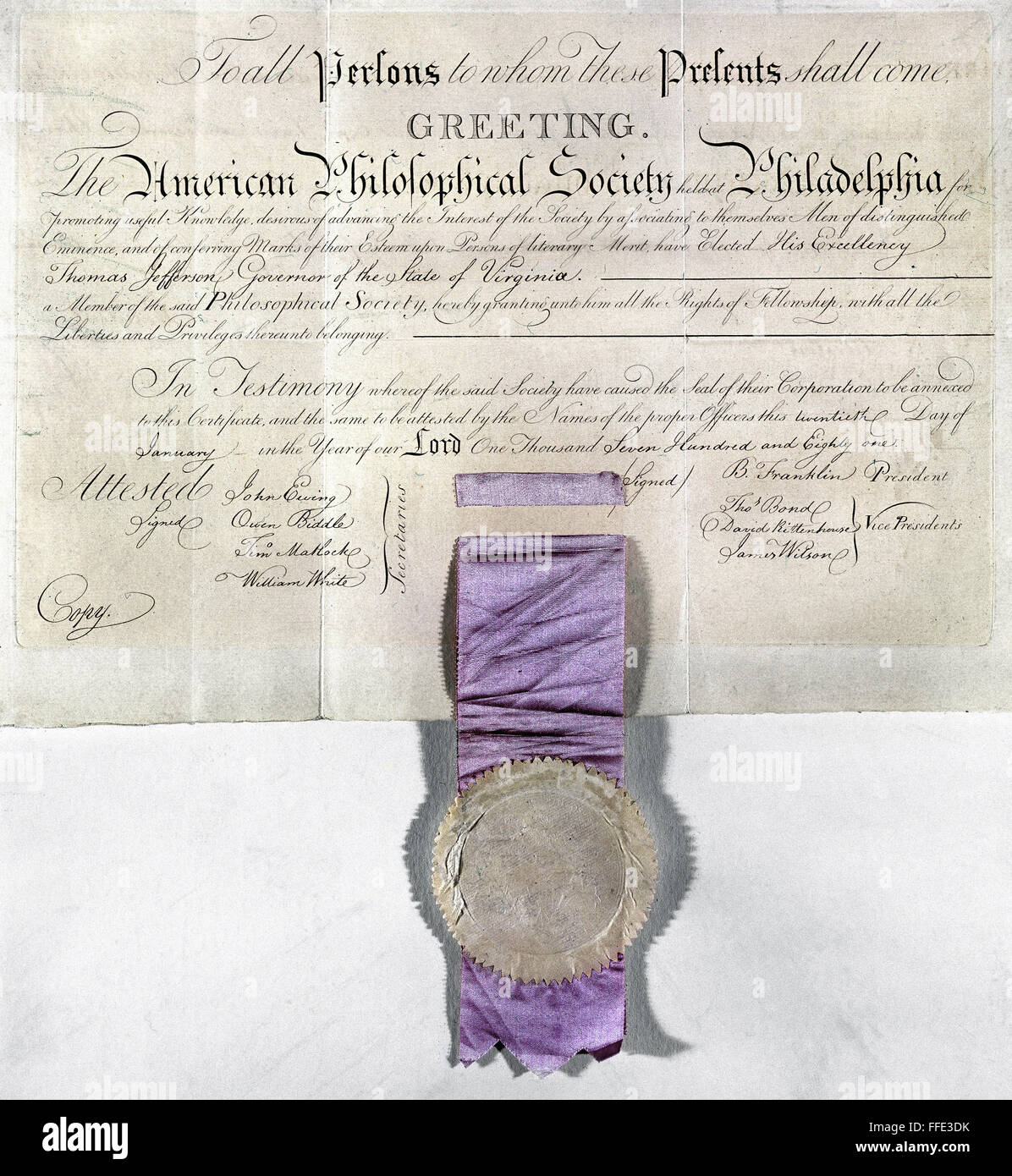 PHILOSOPHICAL SOCIETY. /nMembership certificate of the American Philosophical Society granted to Thomas Jefferson, 1781. Stock Photo