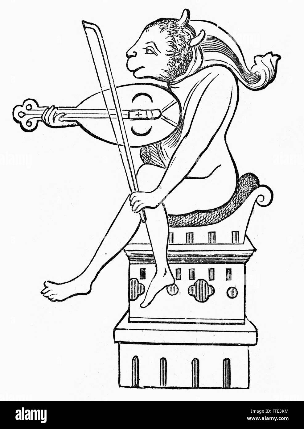 DEMON, 13th CENTURY. /nA demon playing an oval-shaped, three-stringed vielle. Line engraving after a sculpture in the Cathedral at Amiens, 13th century. Stock Photo