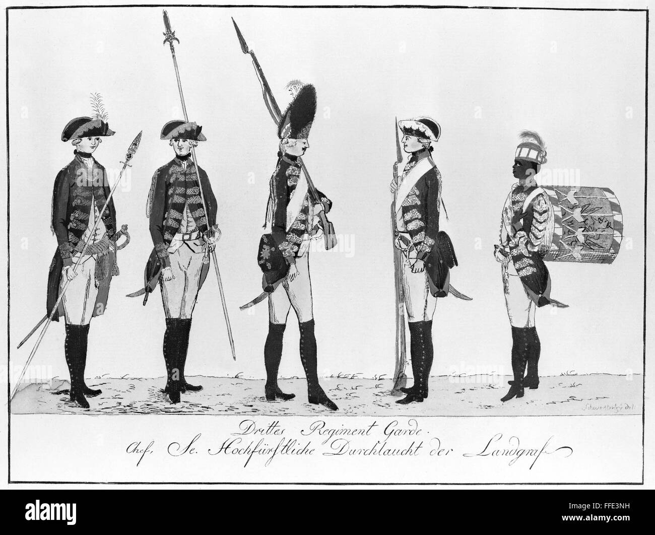 HESSIAN SOLDIERS. /nHessian soldiers of the American Revolution. Drawing, 18th century. Stock Photo