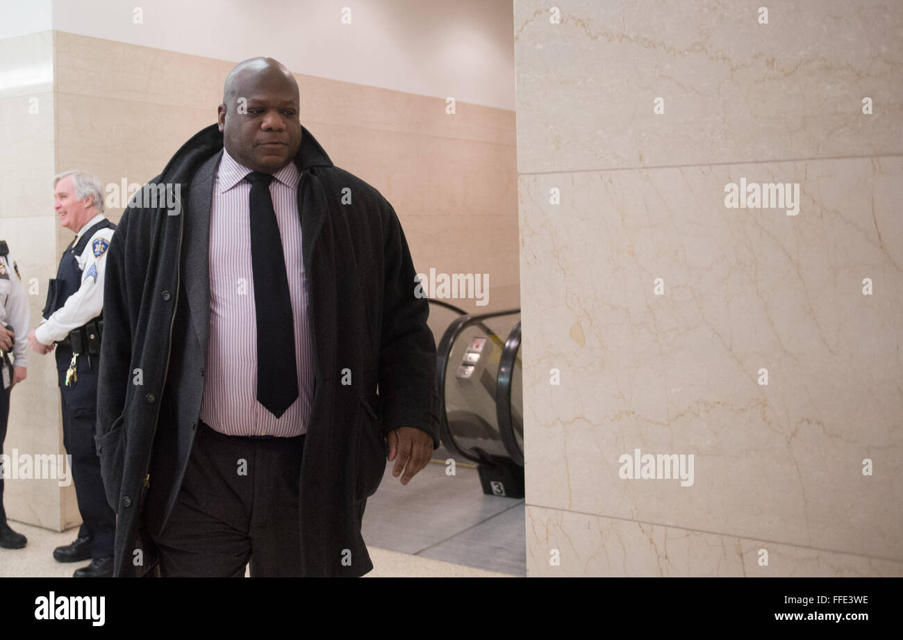 New York, NY, USA. 11th Feb, 2016. Prosecutor JOSEPH ALEXIS arrives to the courtroom as the jury deliberates charges against NYPD officer Peter Liang at Brooklyn Supreme Court, Thursday, Feb. 11, 2016. Credit:  Bryan Smith/ZUMA Wire/Alamy Live News Stock Photo
