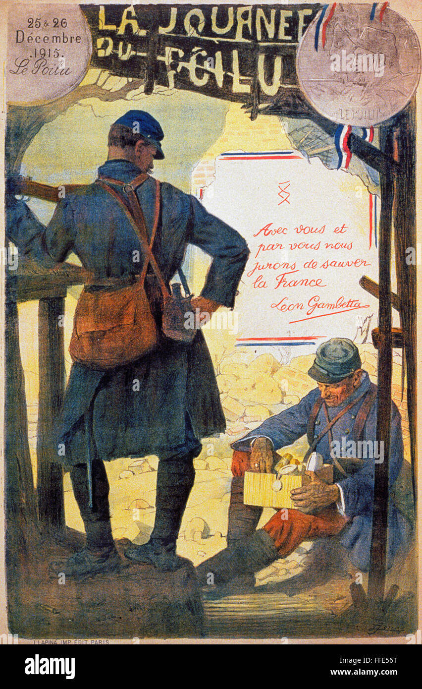 WORLD WAR I: FRENCH POSTER. /nFrench poster, 1915, depicting two French troops, one opening a small box of supplies sent from home. Above is a quote by LΘon Gambetta: 'With You By You We Will Vow to Save France.' Stock Photo