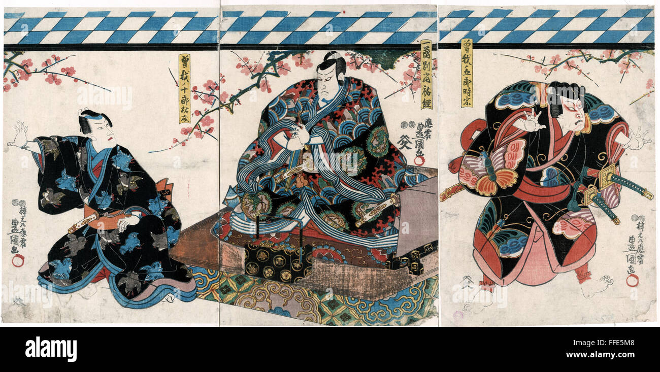 SOGA NO TAIMEN. /nScene from the Japanese kabuki play, 'Soga no Taimen,'  set in 13th century Japan, about the Soga brothers, Juro and Goro, taking  revenge on Kudo Suketsune, who killed their