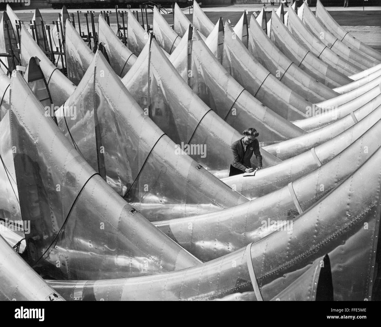 WORLD WAR II: AIRCRAFT. /nDorsal fins for Boeing B-29 superfortress bomber aircrafts in the Boeing plant at Renton, Washington, c1944. Stock Photo