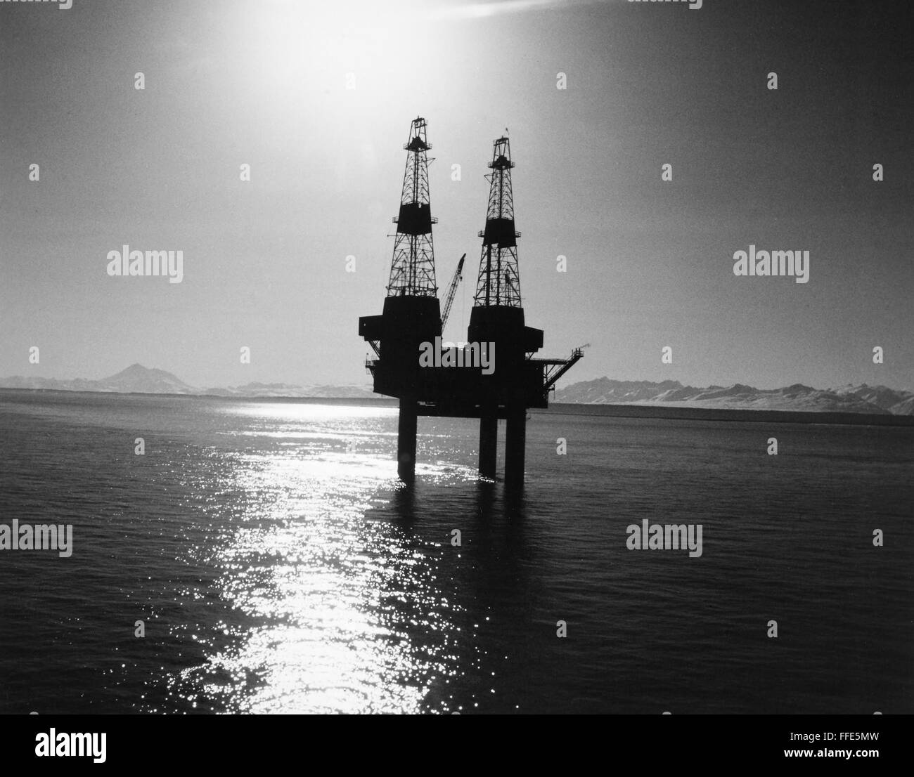 ALASKA: OIL RIG, 1960s. /nA Texaco offshore oil platform in Cook Inlet on Alaska's southern coast, late 1960s. Stock Photo