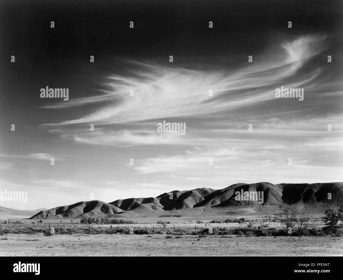 CALIFORNIA: OWENS VALLEY. /nView south from the Manzanar Relocation Center for Japanese-Americans to the Alabama Hills at Owens Valley, California. Photograph by Ansel Adams, 1943. Stock Photo