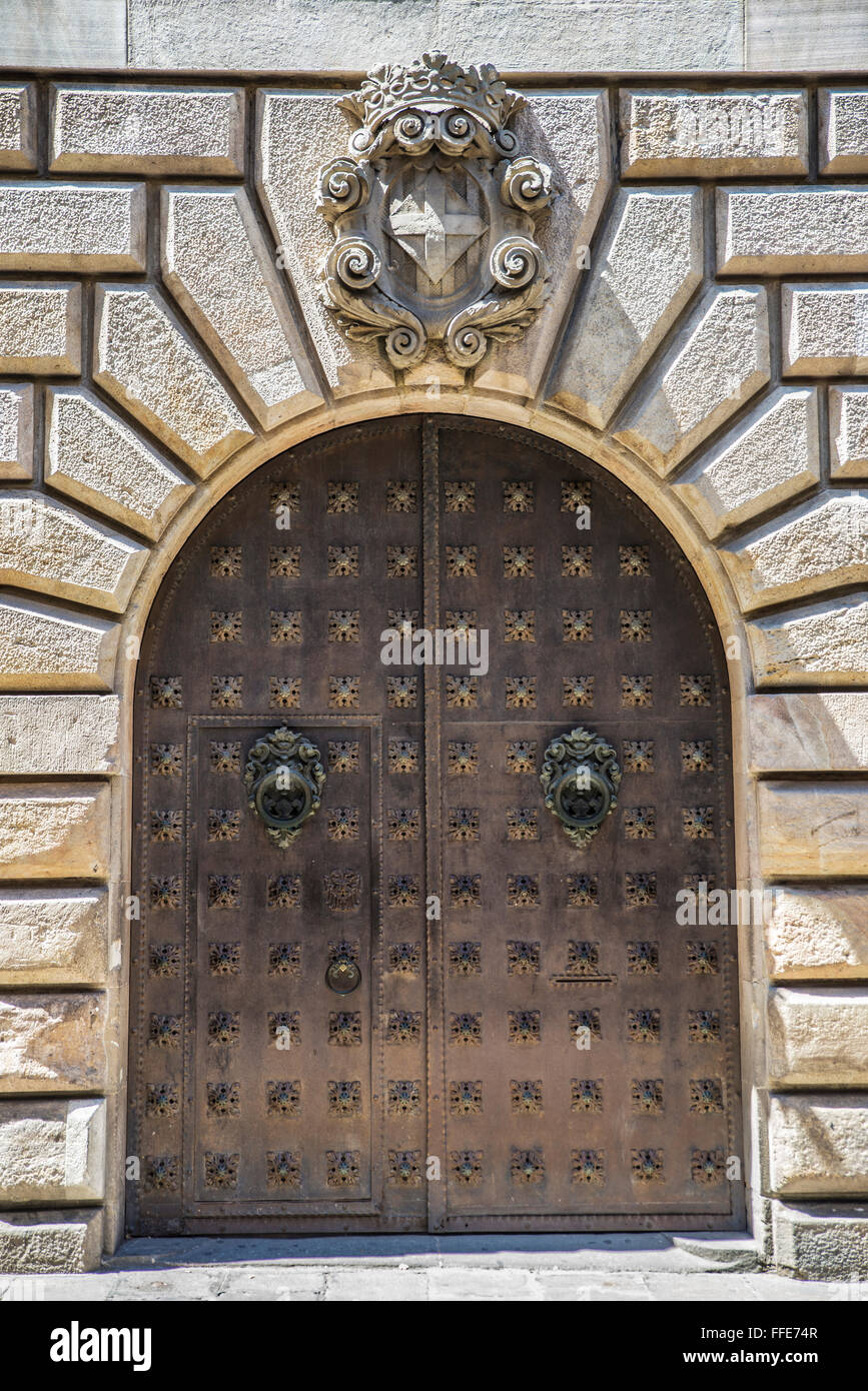 Iron door of a medieval palace in the Gothic Quarter in Barcelona ...