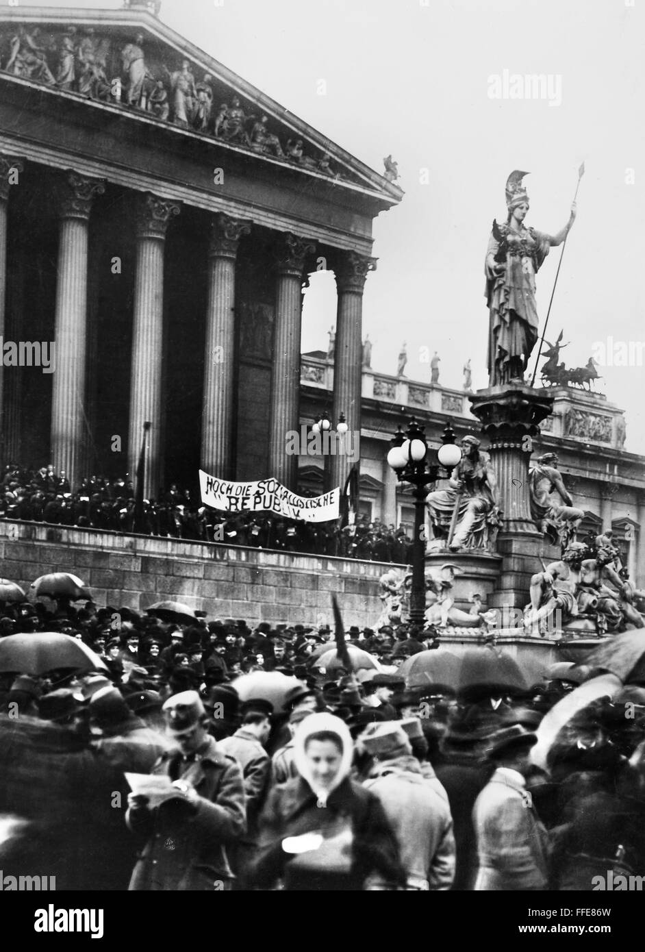 AUSTRIA: REPUBLIC, 1918. /nSocialist demonstration at the parliament building in Vienna on the occasion of the proclamation of the Austrian Republic, 12 November 1918. Stock Photo