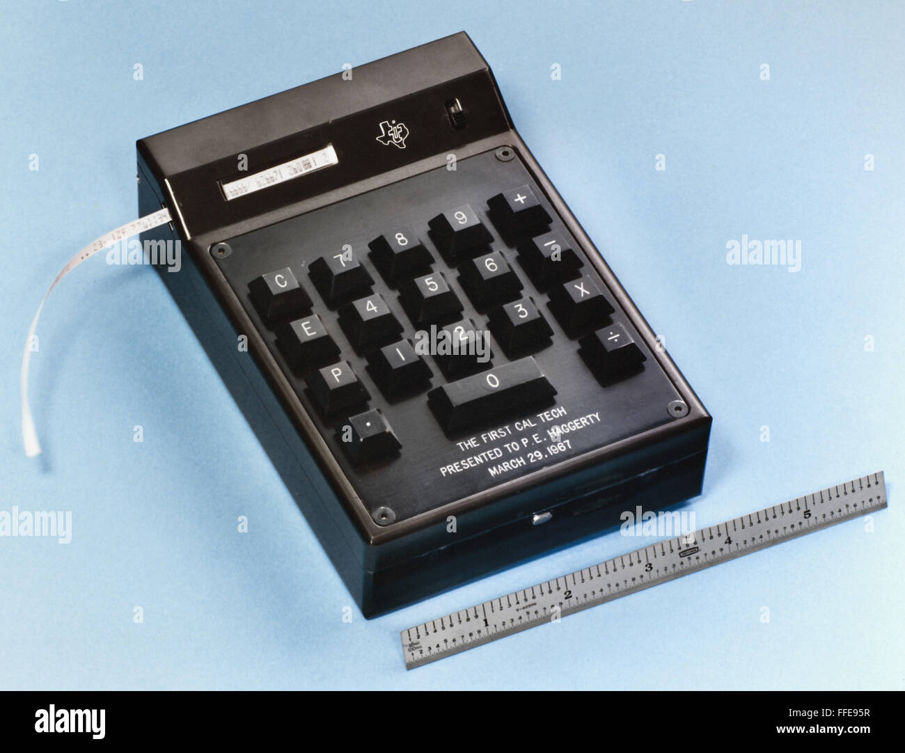 HAND-HELD CALCULATOR, 1967. /nThe first electric hand-held calculator,  known as the Cal-Tech, invented at Texas Instruments in 1967 by Jack S.  Kilby, Jerry D. Merryman, and James Van Tessel Stock Photo -