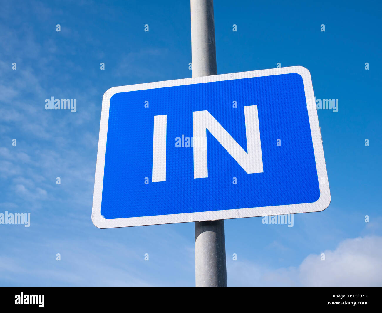 Blue In road sign close up. Stock Photo