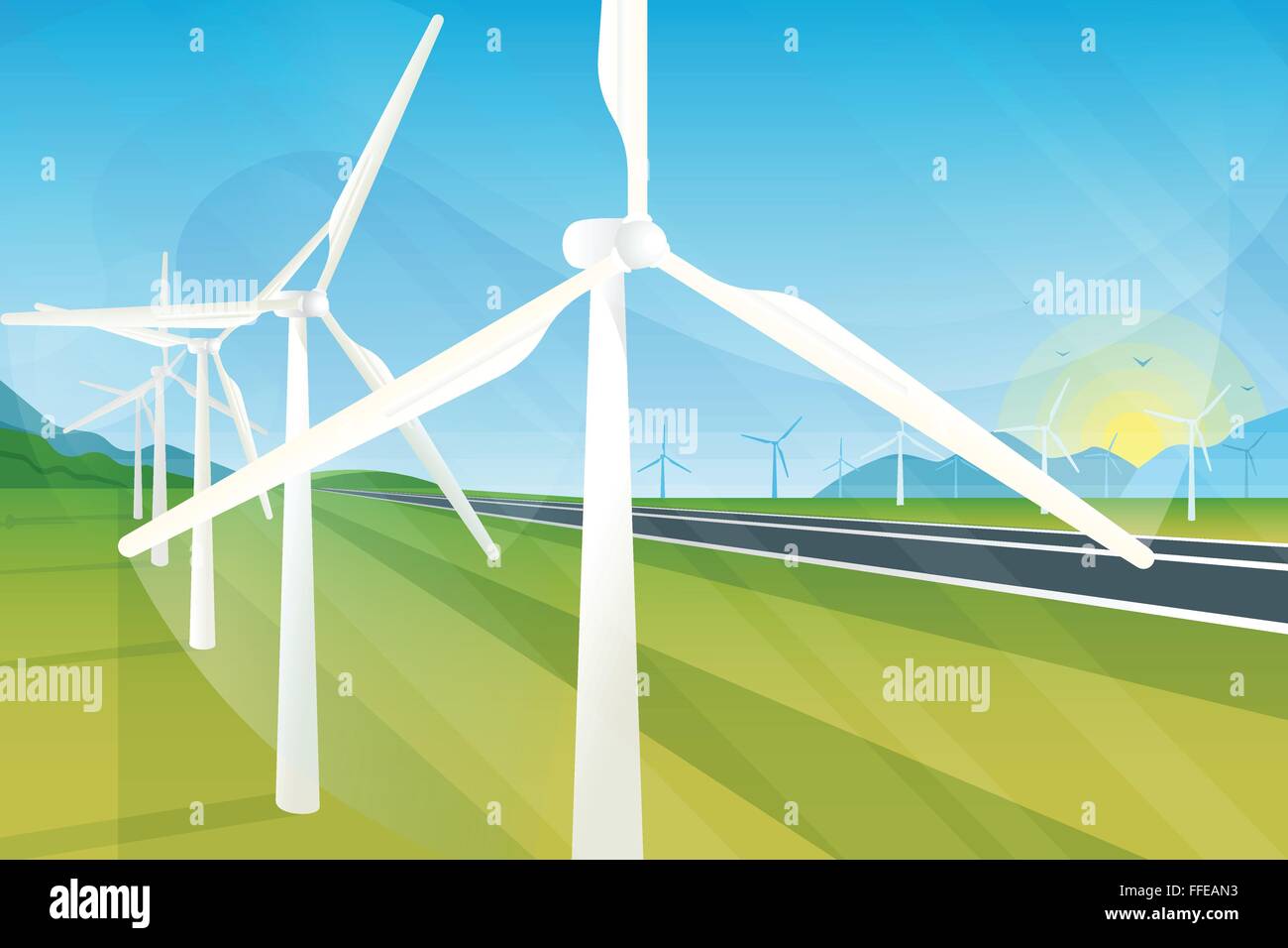 Wind turbine farm in green fields during sunrise Stock Vector Image ...