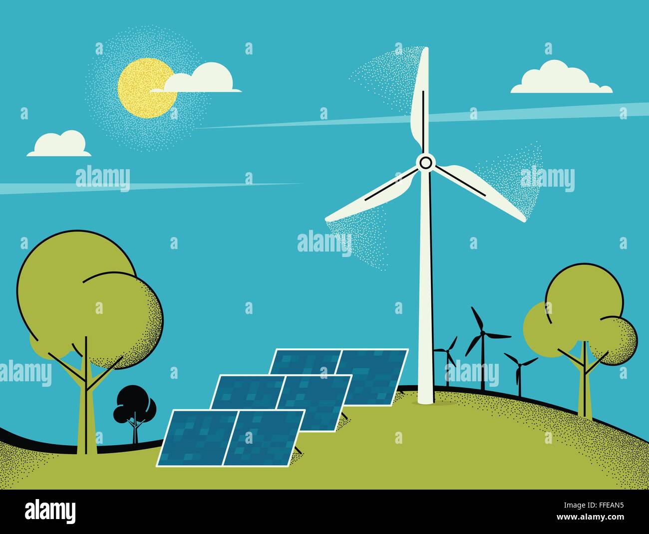 Wind turbine farm in green fields during sunrise Stock Vector Image ...