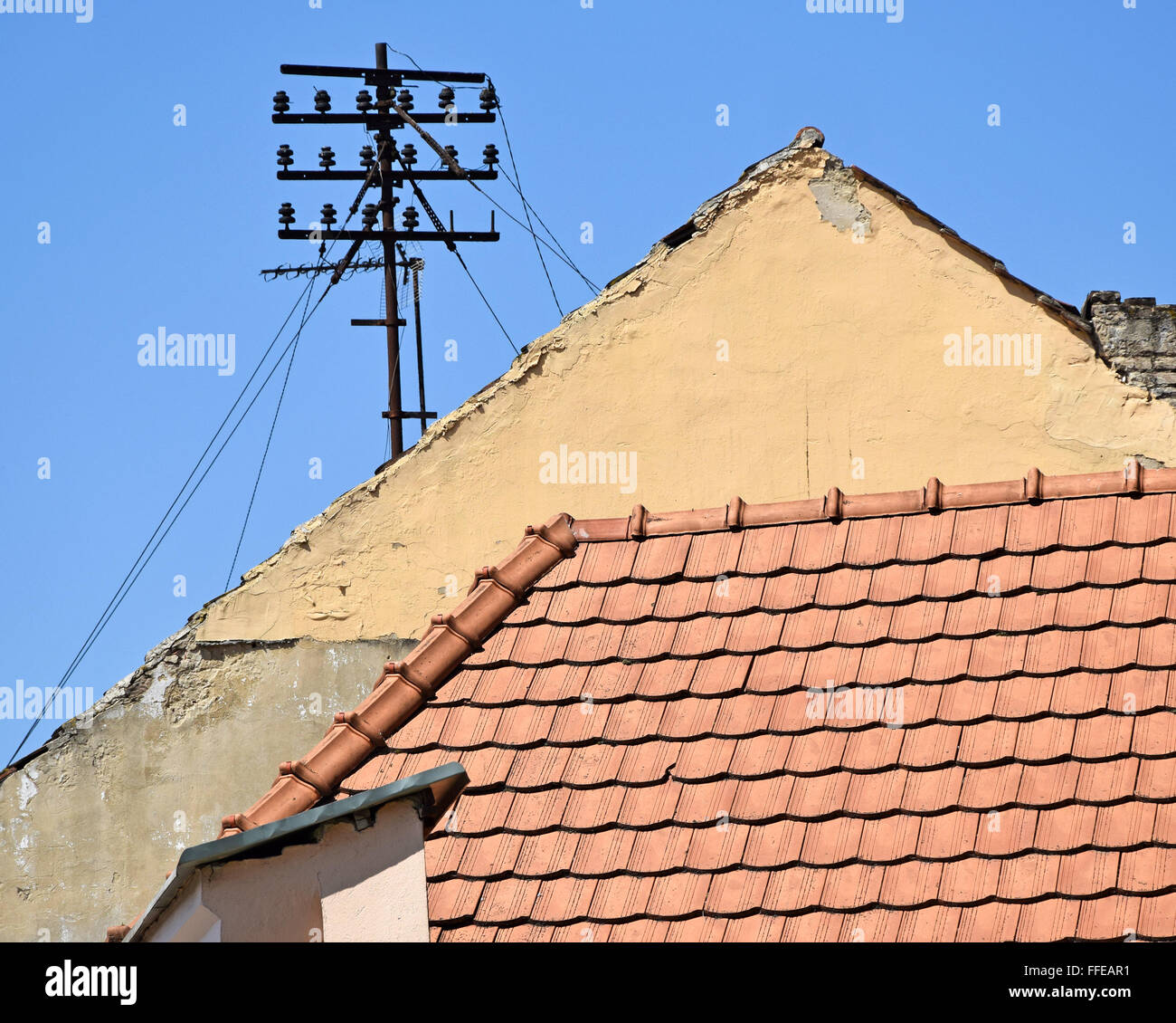 Roofs and telephone pole Stock Photo Alamy