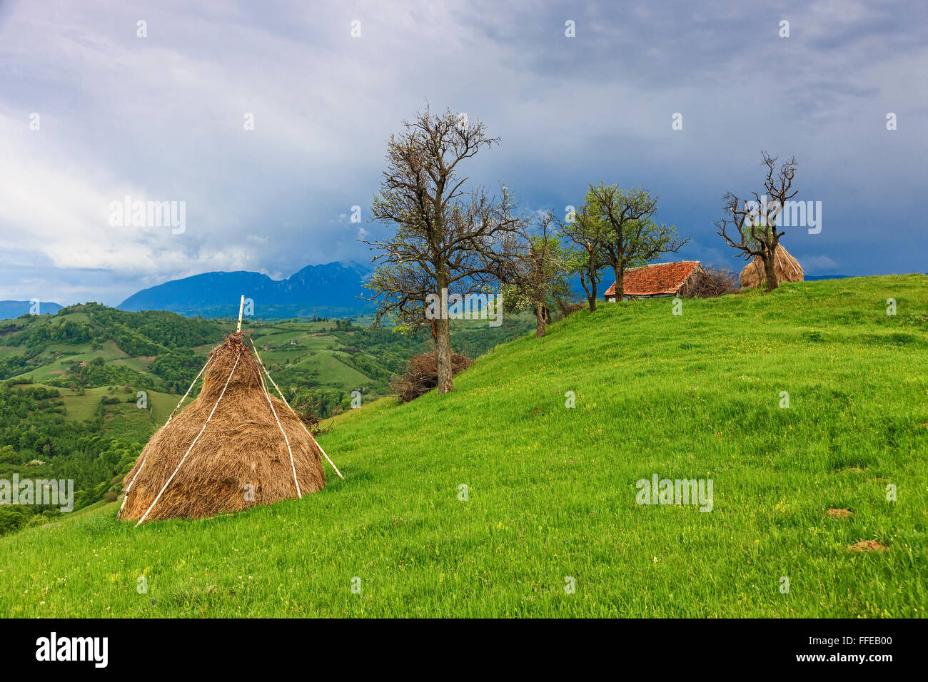 Hay in a village in the mountains at spring Stock Photo