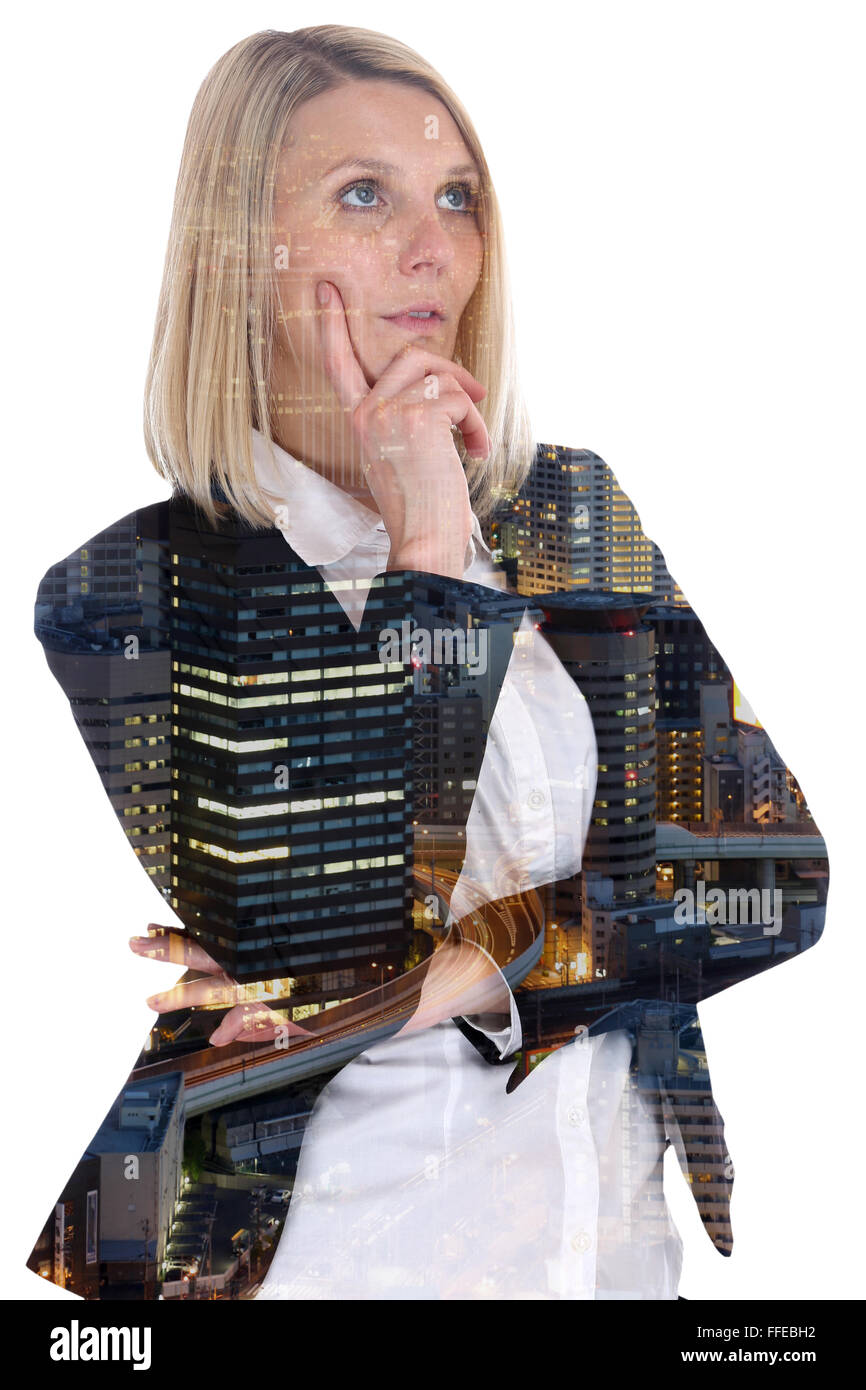 Business woman businesswoman thinking think confidence hope city double exposure hoping Stock Photo