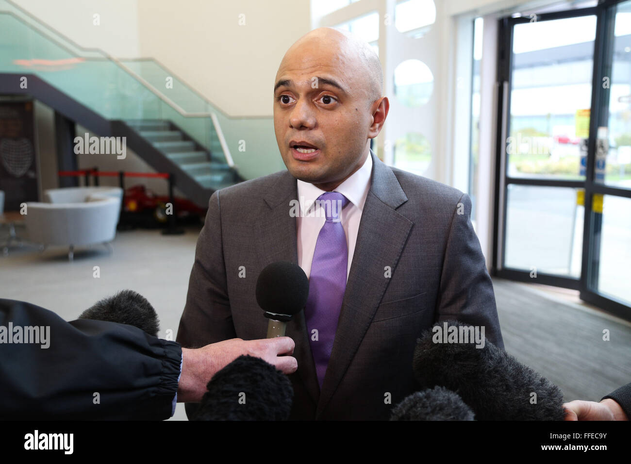 Secretary of State for Business, Innovation and Skills and Conservative MP Sajid Javid talks to the media at the Advanced Manufa Stock Photo