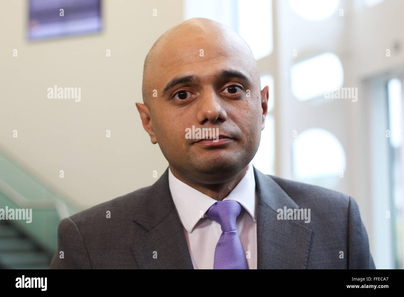 Secretary of State for Business, Innovation and Skills and Conservative MP Sajid Javid talks to the media at the Advanced Manufa Stock Photo