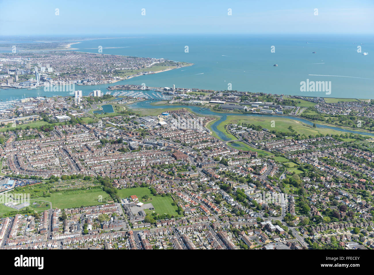 An aerial view of the Hampshire coastal town of Gosport. Portsmouth is visible in the background Stock Photo