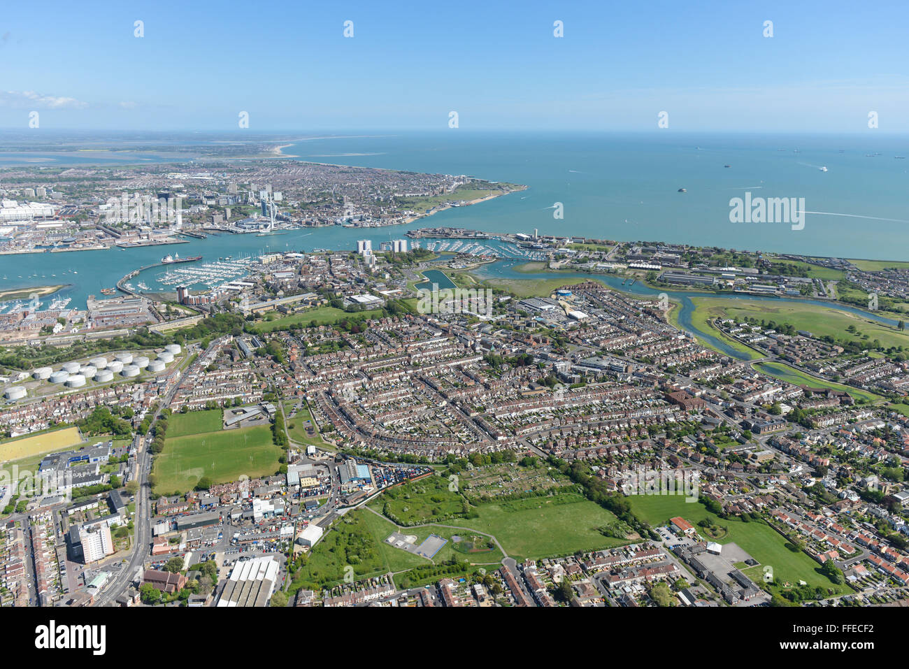 An aerial view of the Hampshire coastal town of Gosport. Portsmouth is visible in the background Stock Photo