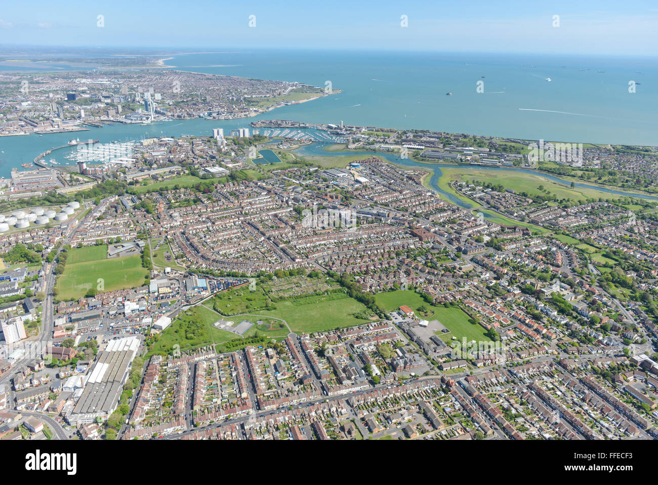 An aerial view of the Hampshire coastal town of Gosport. Portsmouth is visible in the background Stock Photo