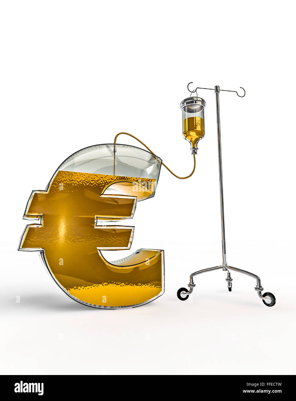 Intravenous euro / 3D render of glass euro symbol being filled intravenously Stock Photo