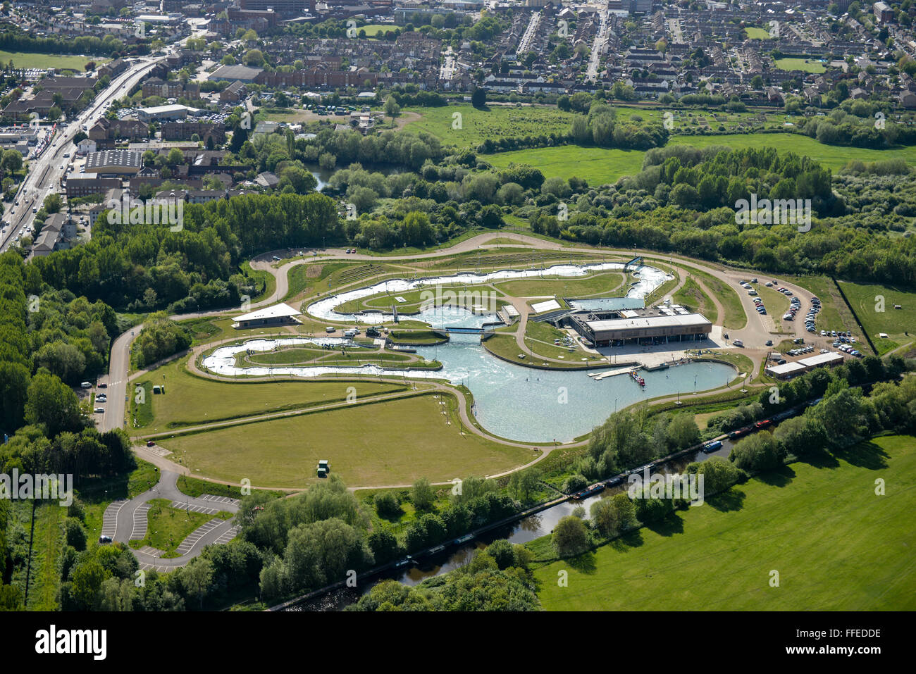 An aerial view of the Lee Valley White Water Centre, constructed for the 2012 Summer Olympics in London Stock Photo