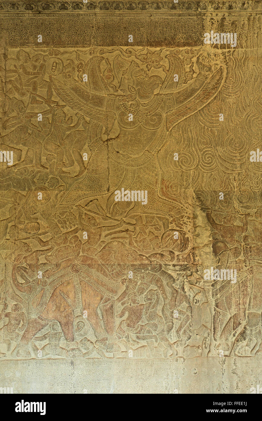 Part of a base relief depicting a battle scene between Hindu gods and asuras (demons), Angkor Wat, nr. Siem Reap, Cambodia, Asia Stock Photo