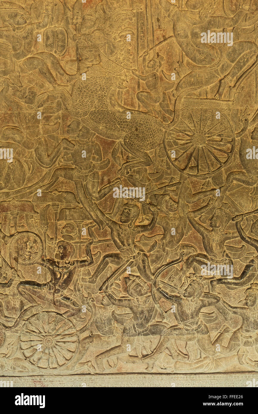 Part of a base relief depicting a battle scene between Hindu gods and asuras (demons), Angkor Wat, nr. Siem Reap, Cambodia, Asia Stock Photo