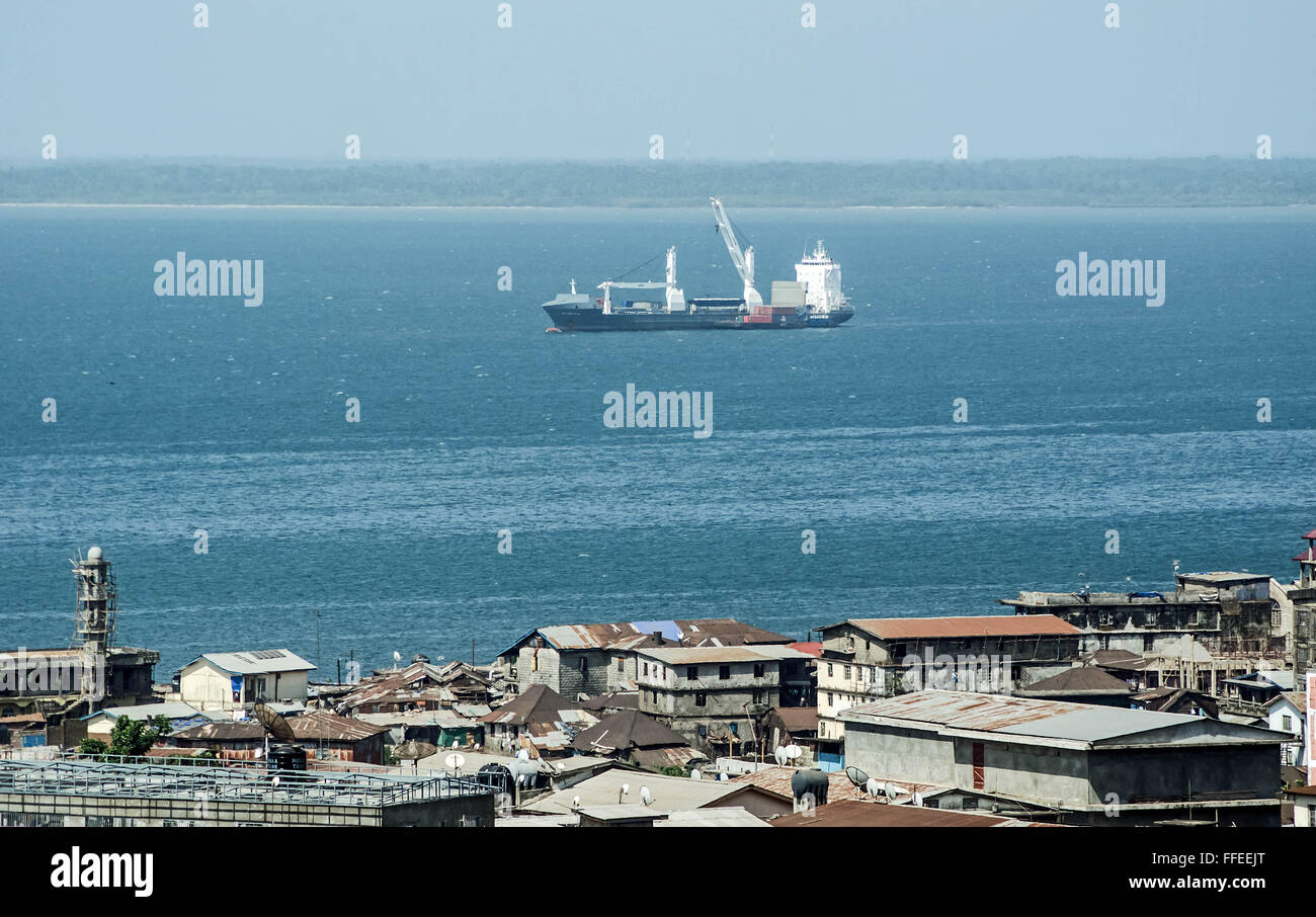 Cargo ship off Freetown, Sierra Leone. Stock Photo