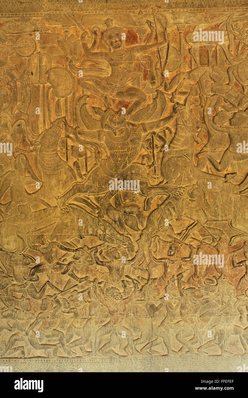 Part of base relief of a battle scene between Hindu gods (Vishnu & Garuda) & asuras, Angkor Wat, Cambodia, Asia. Stock Photo