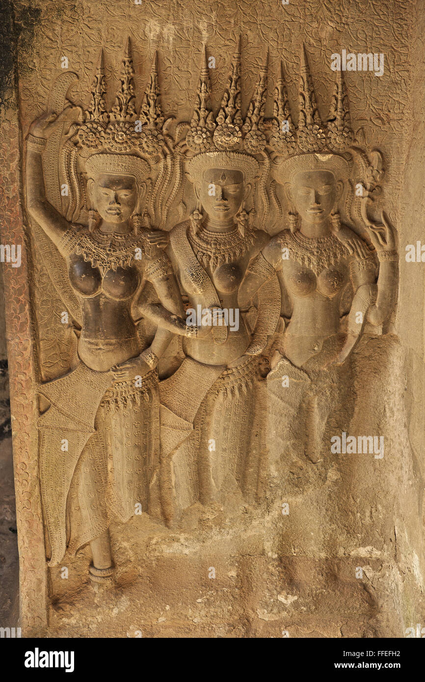 Three devatas, an upper level gallery, Angkor Wat temple, near Siem ...