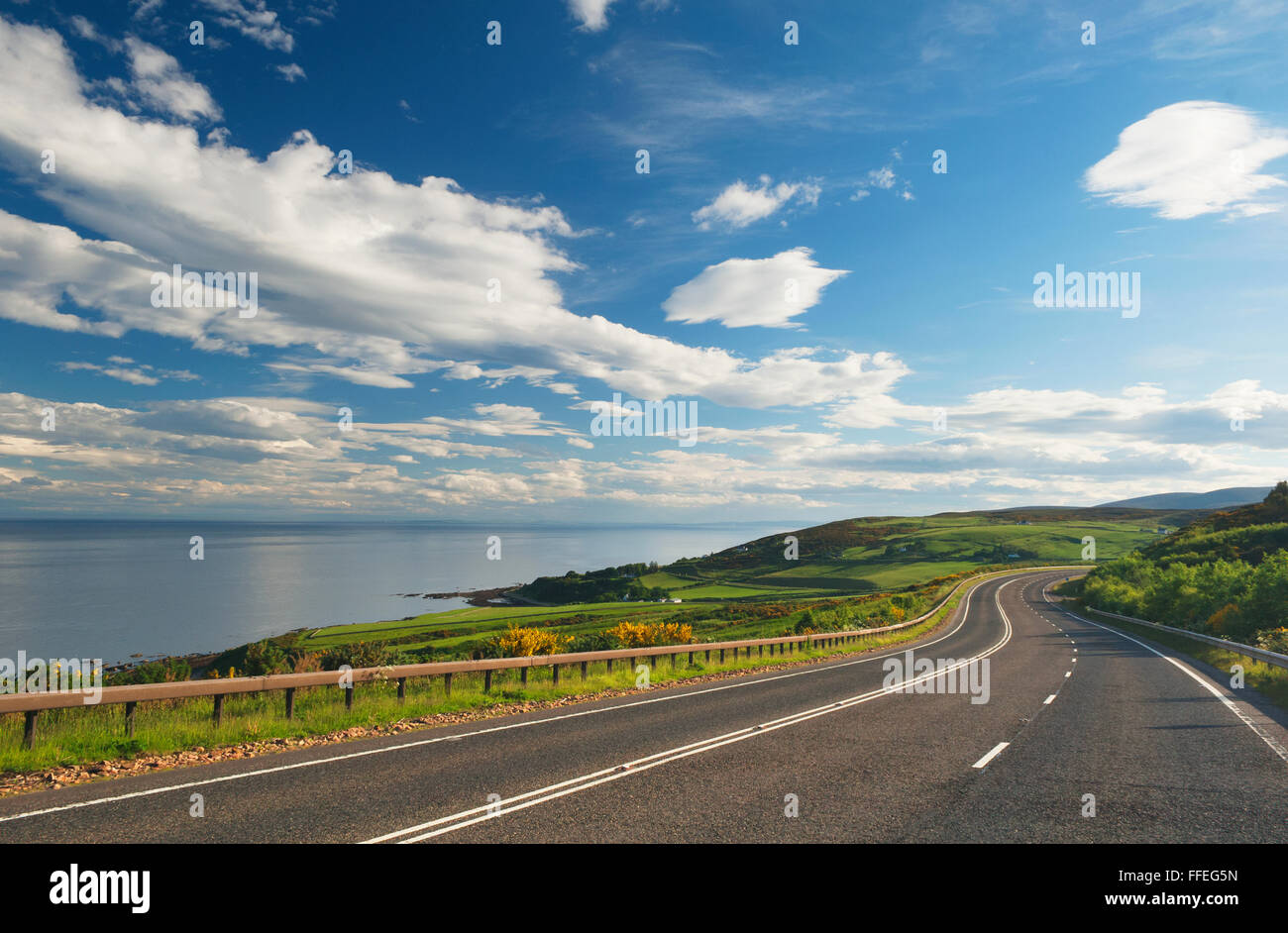 The main A9 road near Helmsdale in Sutherland, Scotland. This road is part of the North Coast 500 Route. Stock Photo