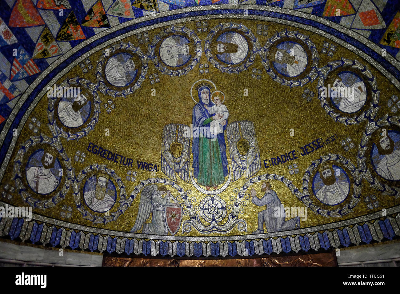 The mosaic of Madonna and Baby Jesus with Twelve clans of Israel inside the Church of the Benedictine Abbey of the Dormition on top of mount Zion in Jerusalem Israel Stock Photo