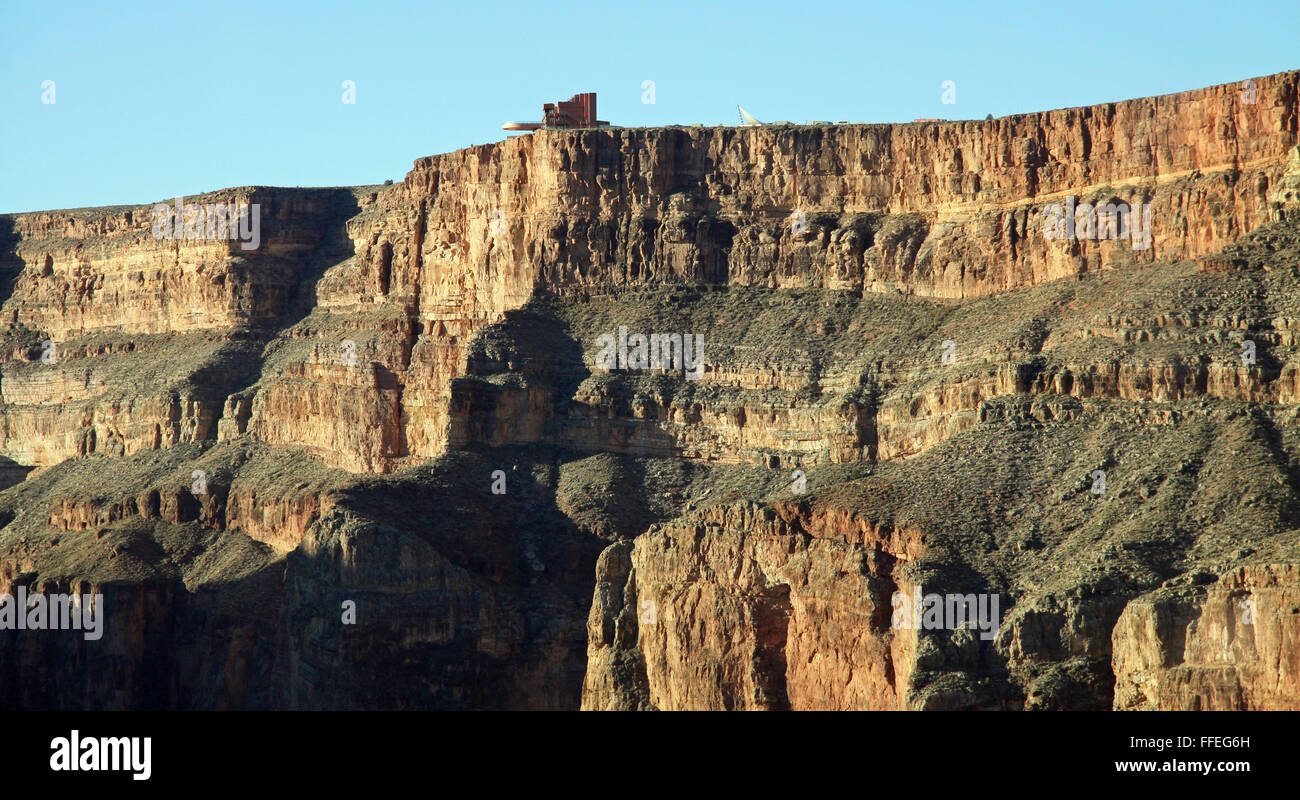 Grand Canyon helicopter tours, flying from Boulder City Airport to the West Rim, Nevada, USA, view from beneath the rim Stock Photo
