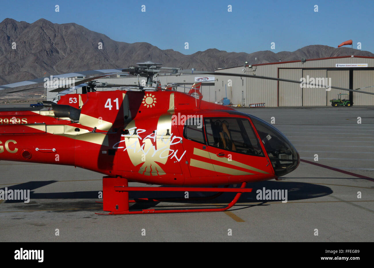 helicopters lined up at Boulder City Municipal Airport near Las Vegas, Nevada, USA Stock Photo