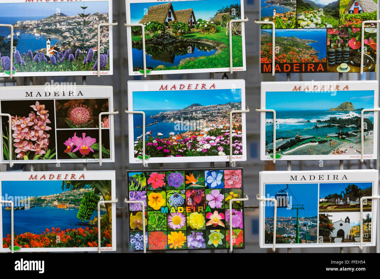 MADEIRA JUNE 25, Colorful Madeira postcards offered for sale at the
