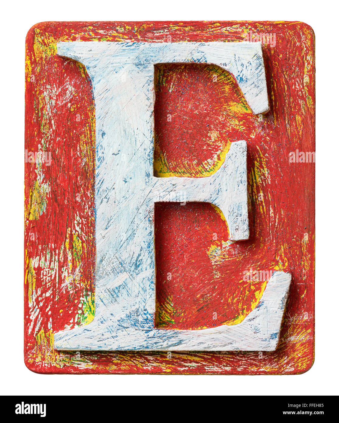 Wooden alphabet block, letter E Stock Photo
