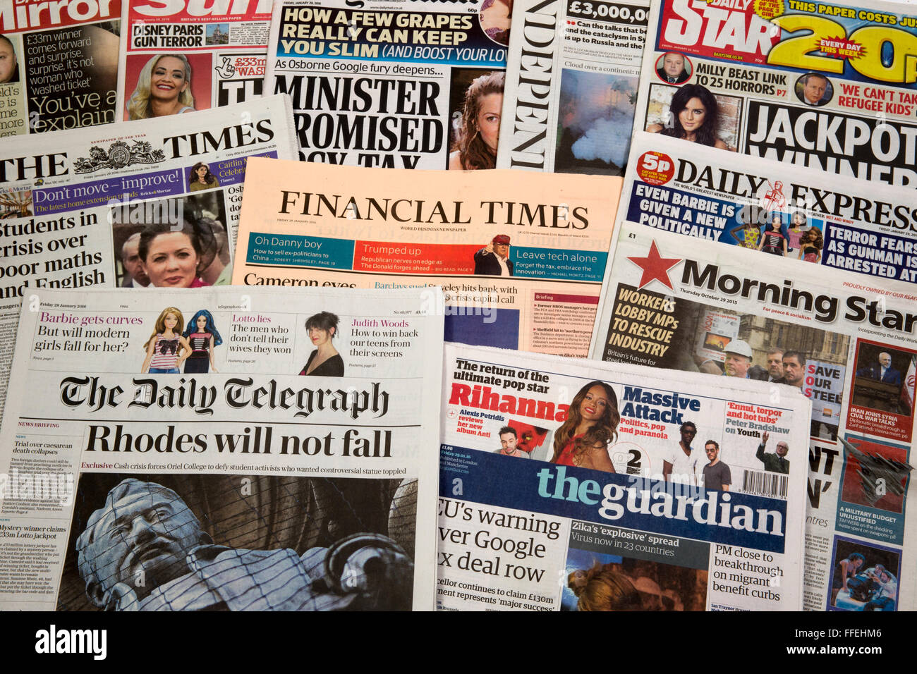 A selection of British newspapers,both broadsheets and redtops Stock Photo